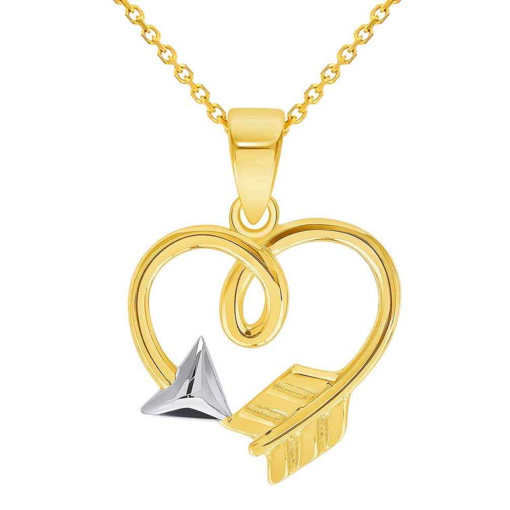 14k Yellow Gold Heart Shaped Arrow Pendant with Cable, Curb, or Figaro Chain Necklaces