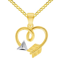 Load image into Gallery viewer, 14k Yellow Gold Heart Shaped Arrow Pendant with Cable, Curb, or Figaro Chain Necklaces
