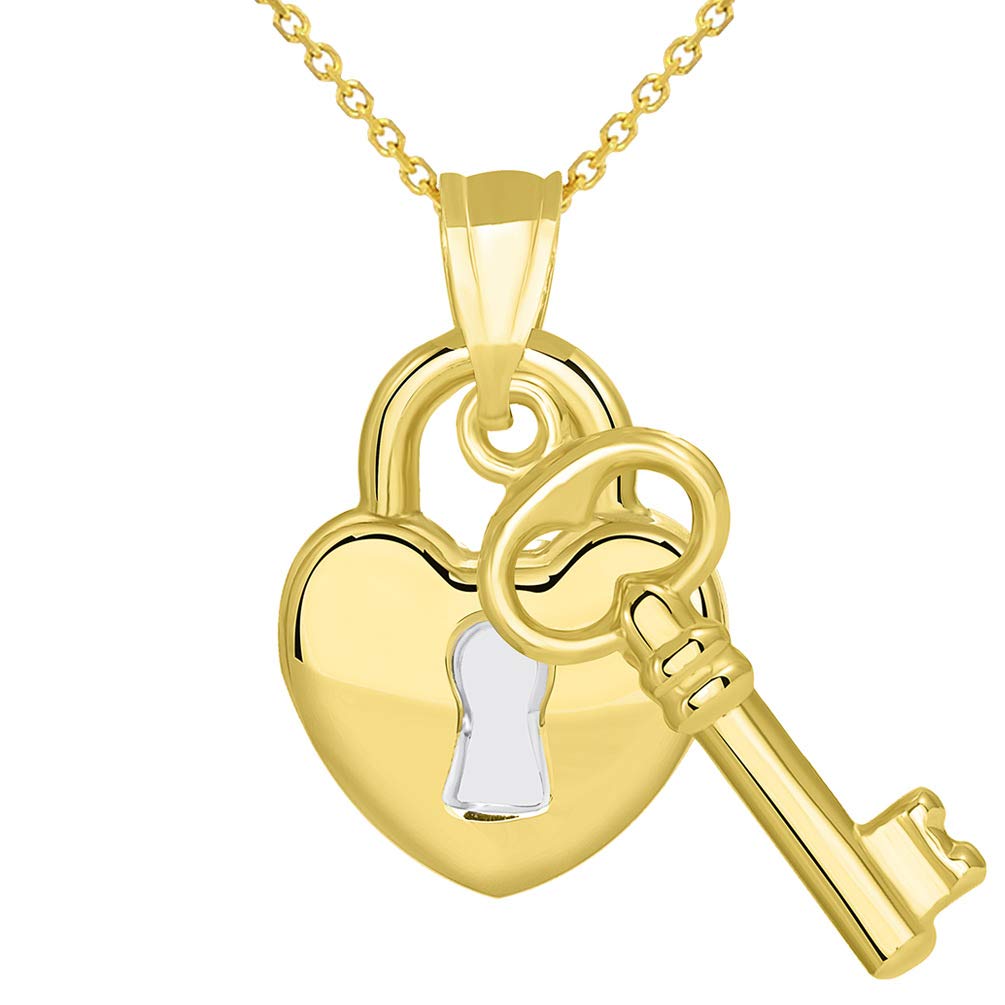 14k Yellow Gold Polished Two Tone Heart Shaped Lock and Love Key Pendant with Cable, Cuban Curb, or Figaro Chain Necklaces