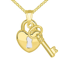 Load image into Gallery viewer, 14k Yellow Gold Polished Two Tone Heart Shaped Lock and Love Key Pendant with Cable, Cuban Curb, or Figaro Chain Necklaces
