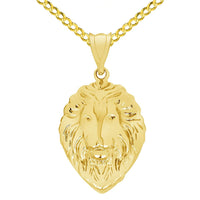 Load image into Gallery viewer, 14k Yellow Gold High Polish Lion Head Charm Animal Pendant with Cuban Curb Chain Necklace
