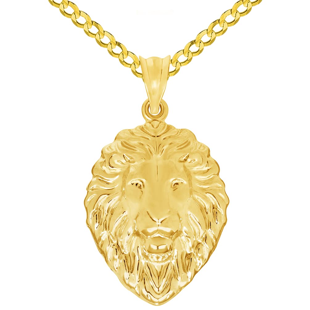 14k Yellow Gold High Polish Lion Head Charm Animal Pendant with Cuban Curb Chain Necklace, 1.1 inch Height