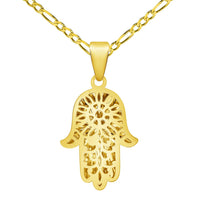 Load image into Gallery viewer, 14k Yellow Gold Textured and High Polished 3D Hamsa Hand Charm Pendant with Cable, Cuban Curb, or Figaro Chain Necklaces
