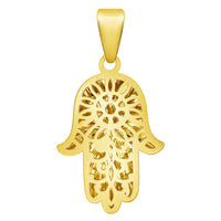 Load image into Gallery viewer, 14k Yellow Gold Textured and High Polished 3D Hamsa Hand Charm Pendant with Cable, Cuban Curb, or Figaro Chain Necklaces
