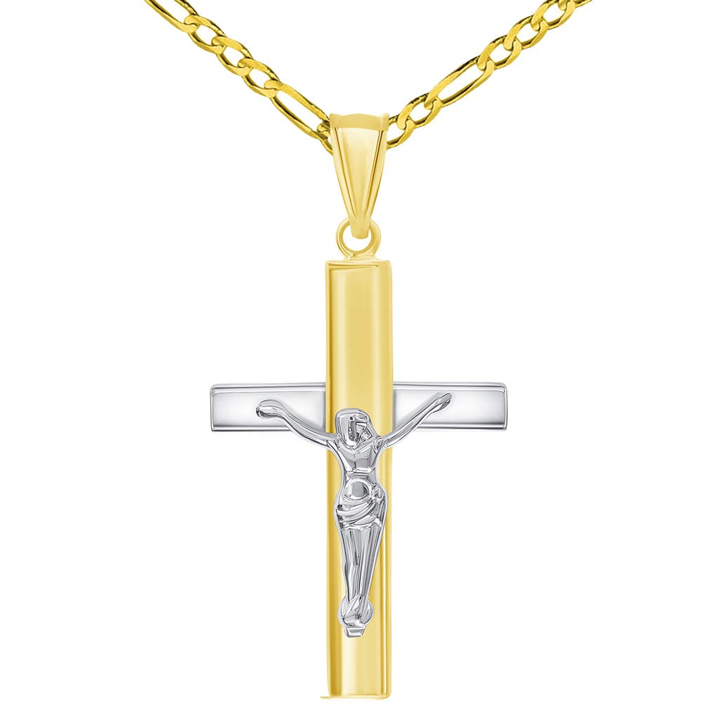 14k Two-Tone Gold High Polished Religious Cross Jesus Crucifix Pendant with Figaro Chain Necklace