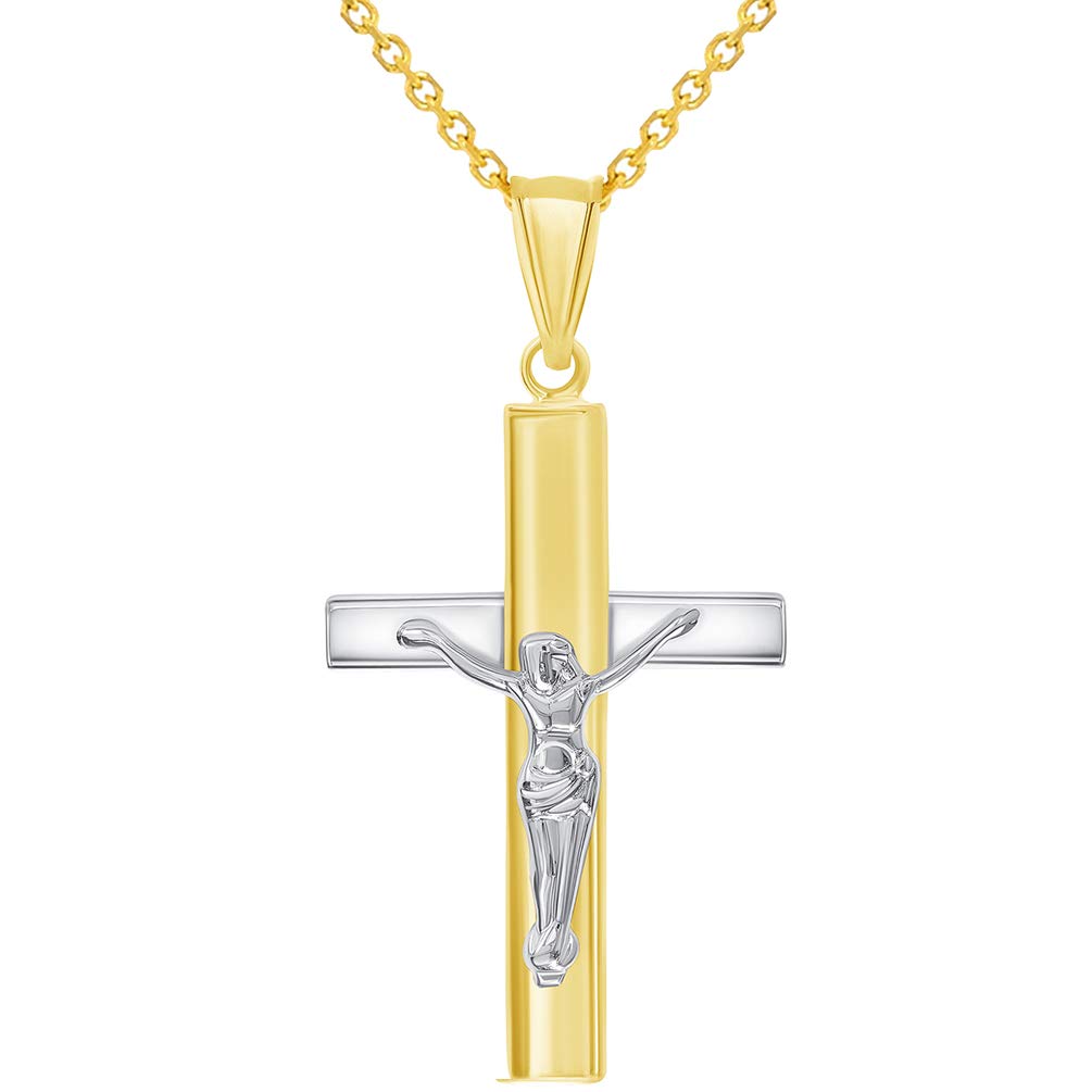 14k Two-Tone Gold High Polished Religious Cross Jesus Crucifix Pendant Necklace