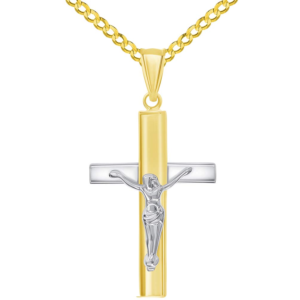 14k Two-Tone Gold High Polished Religious Cross Jesus Crucifix Pendant with Cuban Curb Chain Necklace