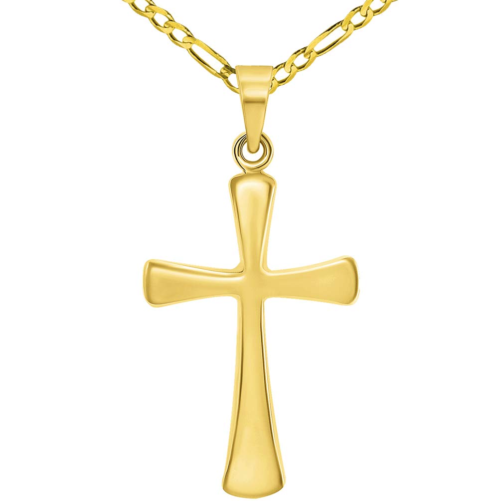 14k Yellow Gold High Polished Religious Plain Simple Cross Pendant with Figaro Chain Necklace