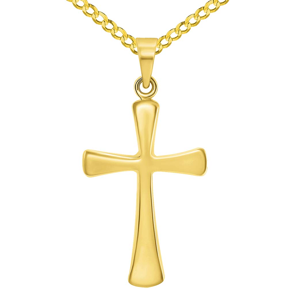 14k Yellow Gold High Polished Religious Plain Simple Cross Pendant with Curb Chain Necklace