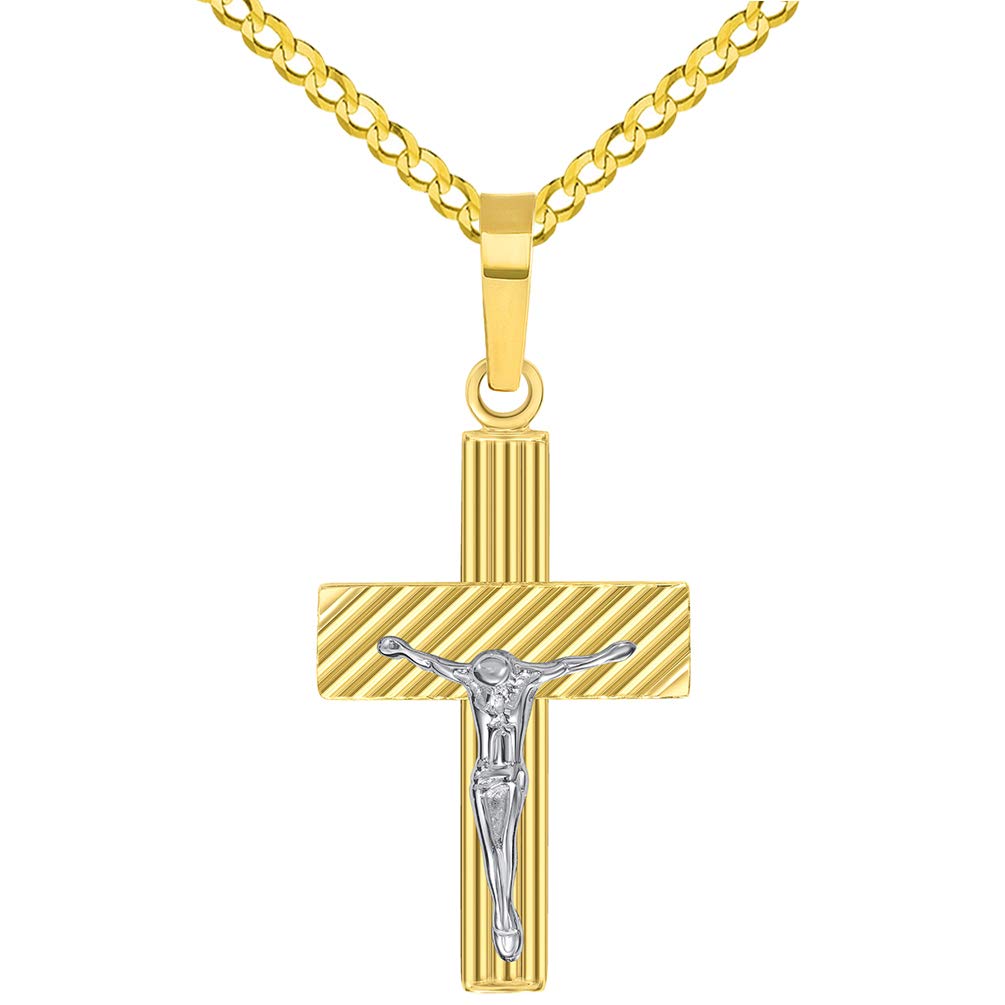 14k Two-Tone Gold High Polished Textured Religious Cross Jesus Crucifix Pendant with Cuban Curb Chain Necklace