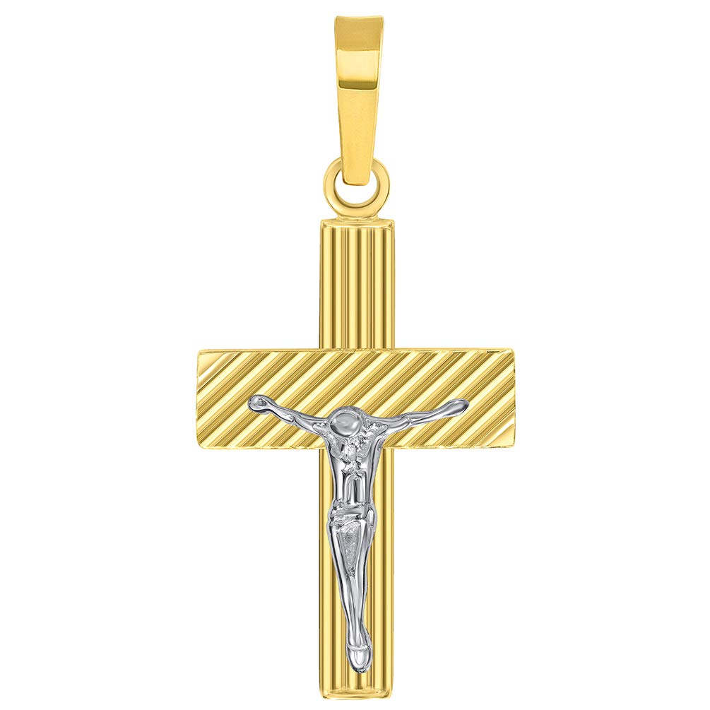 14k Two-Tone Gold High Polished Textured Religious Cross Jesus Crucifix Pendant