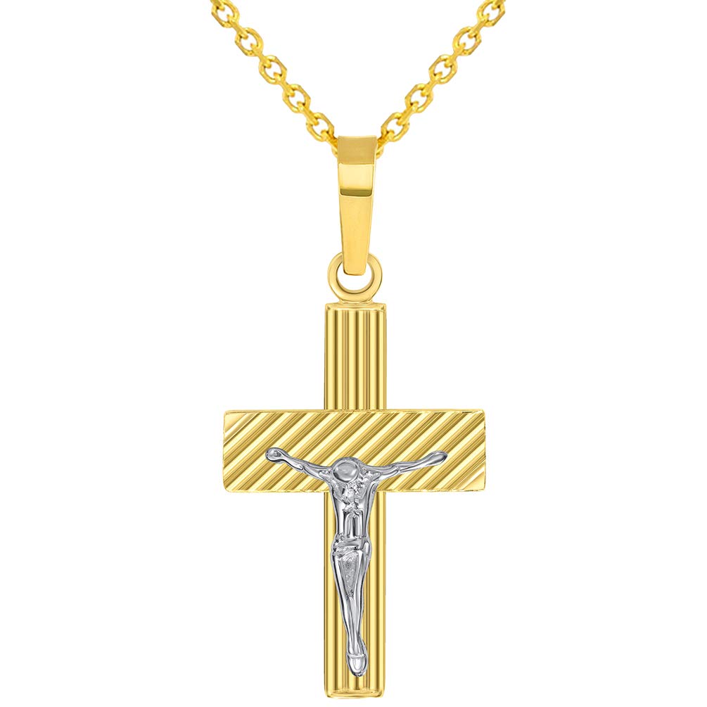 14k Two-Tone Gold High Polished Textured Religious Cross Jesus Crucifix Pendant Necklace