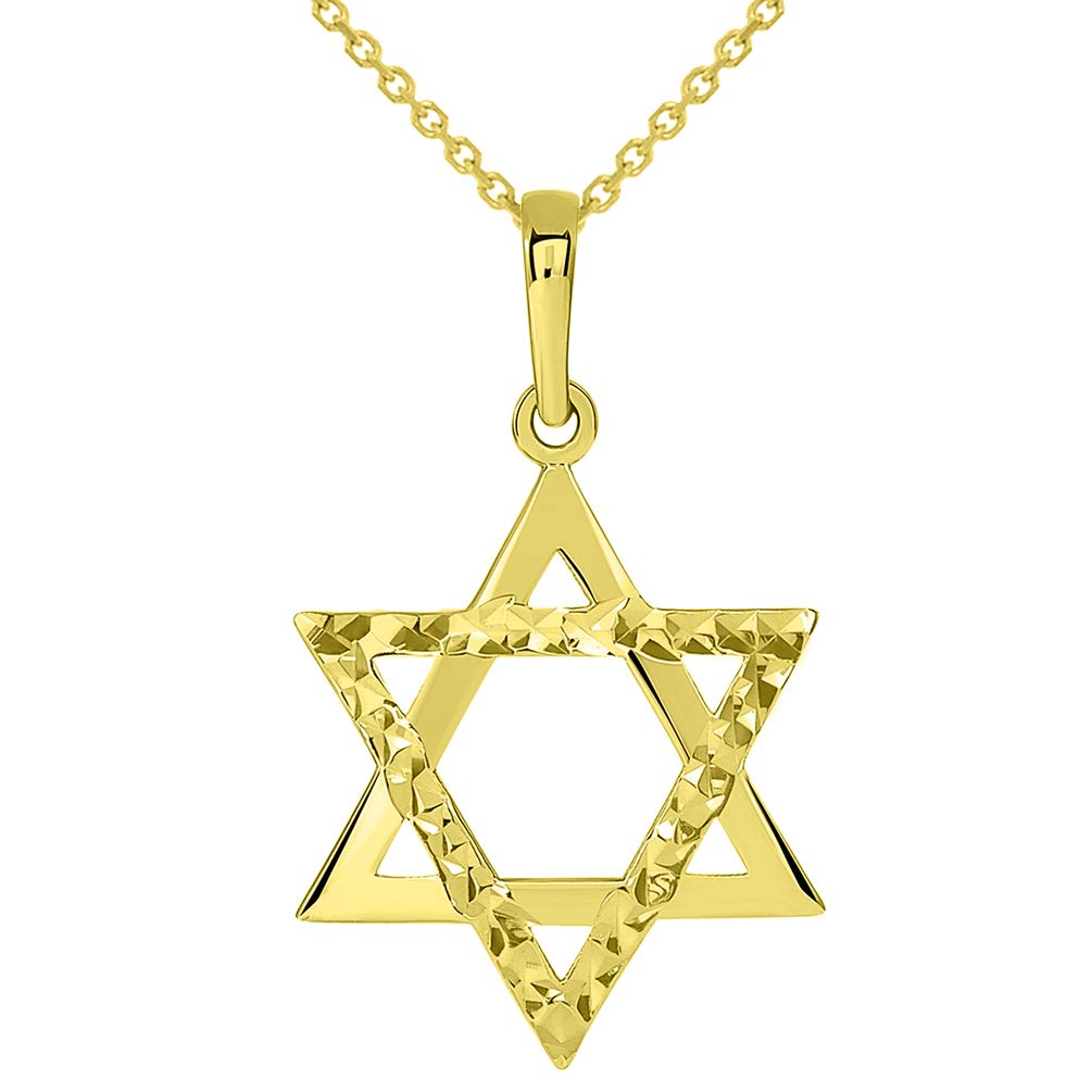 14k Yellow Gold High Polished and Sparkle Cut Hebrew Star of David Pendant Necklace