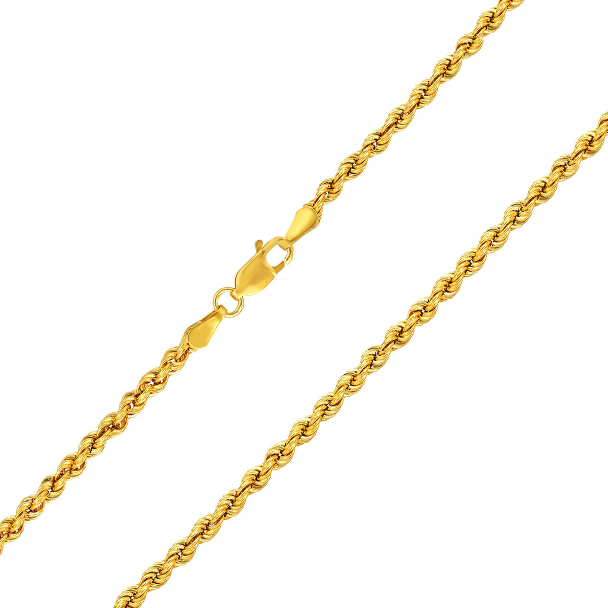 14k Yellow Gold Hollow 4mm Rope Chain Necklace with Lobster Lock - Light Rope Chain with Diamond Cut