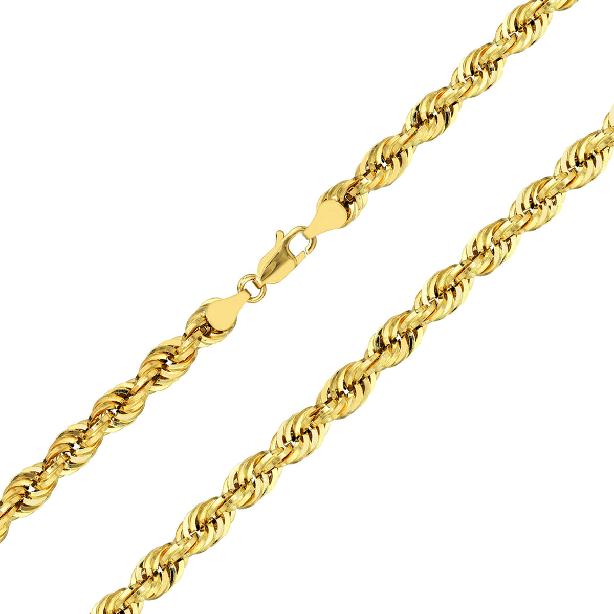 14k Yellow Gold Hollow 5mm Rope Chain Necklace with Lobster Lock - Light Rope Chain with Diamond Cut