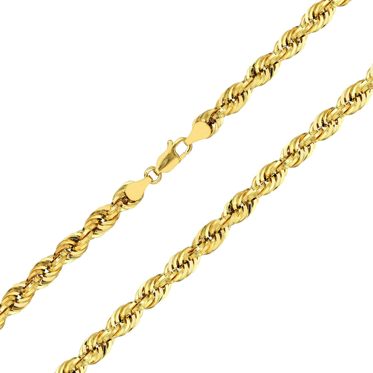 14k Yellow Gold Hollow 7mm Rope Chain Necklace with Lobster Lock - Light Rope Chain with Diamond Cut