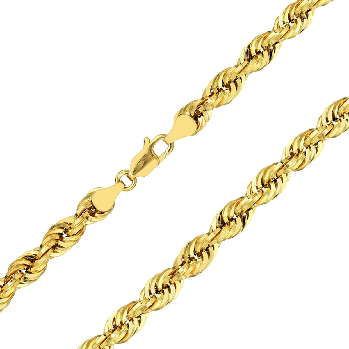 14k Yellow Gold Hollow 8mm Rope Chain Necklace with Lobster Lock - Light Rope Chain with Diamond Cut