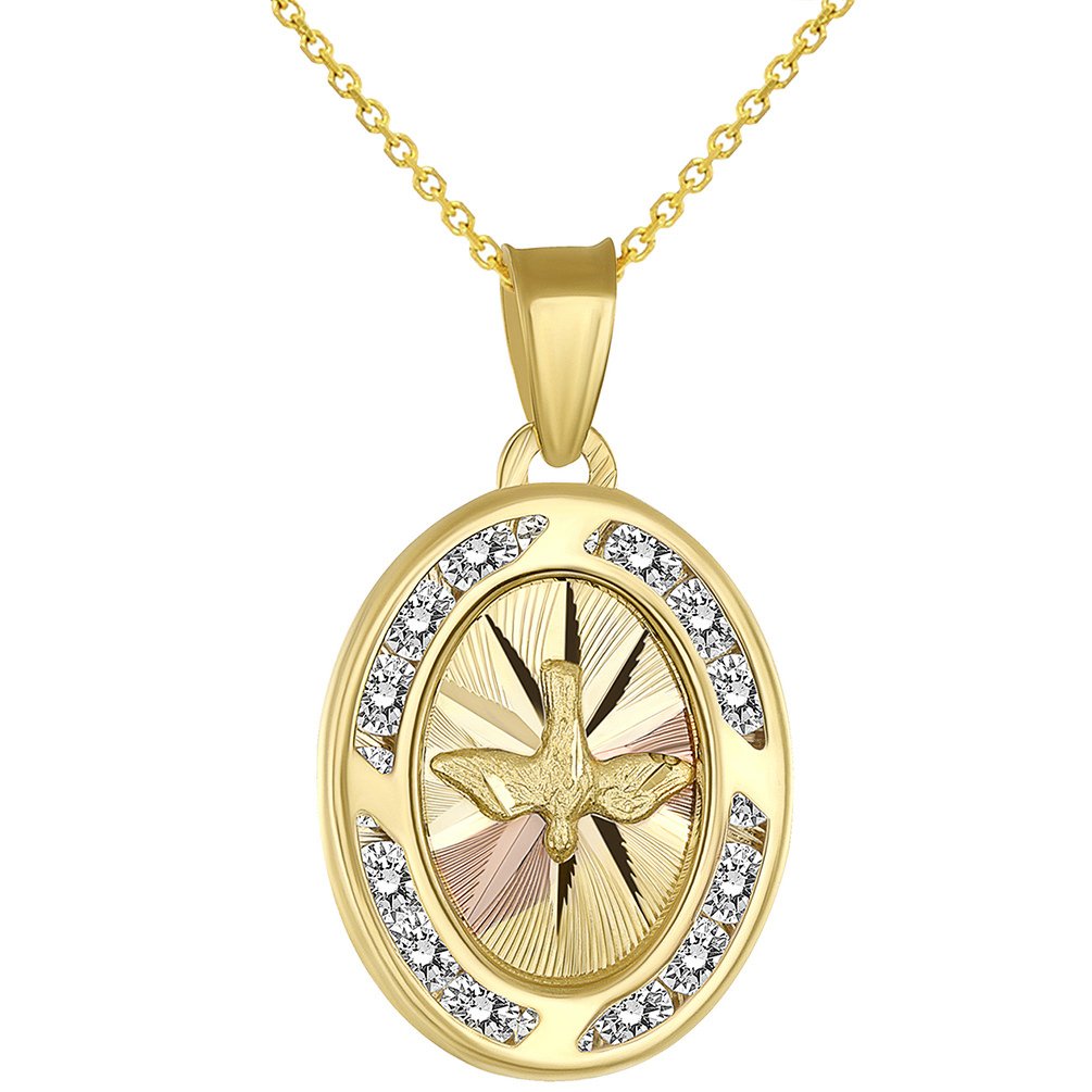 Textured 14k Yellow Gold Holy Spirit Dove Medallion Charm Pendant Necklace with Cubic Zirconia Gemstones