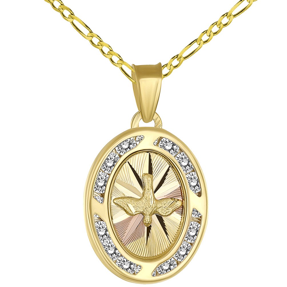 14k Yellow Gold Holy Spirit Dove Medallion Charm Pendant Figaro Necklace Cubic Zirconia Gemstones