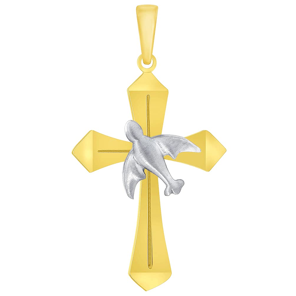 14k Yellow Gold Holy Spirit Dove Two Tone Religious Cross Pendant