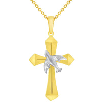 Load image into Gallery viewer, 14k Yellow Gold Holy Spirit Dove Two Tone Religious Cross Pendant with Rolo Cable, Cuban Curb, or Figaro Chain Necklaces
