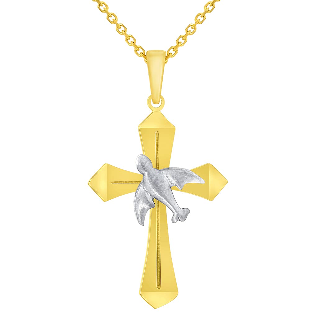 14k Yellow Gold Holy Spirit Dove Two Tone Religious Cross Pendant with Rolo Cable, Cuban Curb, or Figaro Chain Necklaces