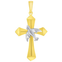 Load image into Gallery viewer, 14k Yellow Gold Holy Spirit Dove Two Tone Religious Cross Pendant with Rolo Cable, Cuban Curb, or Figaro Chain Necklaces
