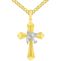 Load image into Gallery viewer, 14k Yellow Gold Holy Spirit Dove Two Tone Religious Cross Pendant with Rolo Cable, Cuban Curb, or Figaro Chain Necklaces
