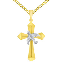 Load image into Gallery viewer, 14k Yellow Gold Holy Spirit Dove Two Tone Religious Cross Pendant with Rolo Cable, Cuban Curb, or Figaro Chain Necklaces
