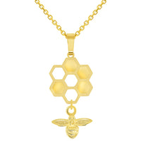 Load image into Gallery viewer, 14k Yellow Gold Honey Bee Dangling From Honeycomb Pendant With Cable, Curb or Figaro Chain Necklace
