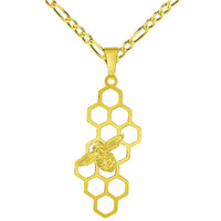 Load image into Gallery viewer, 14k Yellow Gold Honey Bee On Honeycomb Pendant With Cable, Curb or Figaro Chain Necklace
