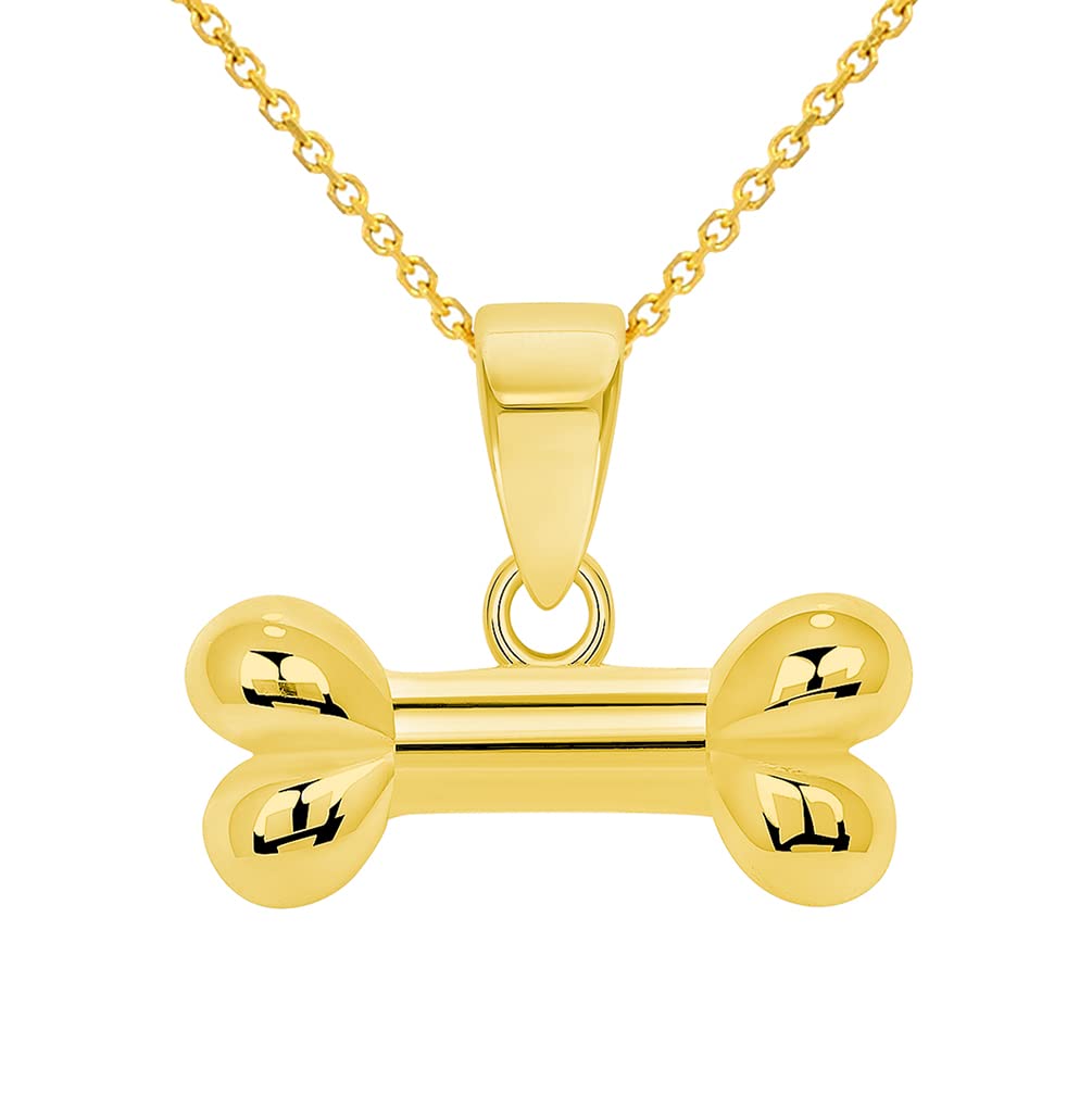 14k Yellow Gold Horizontal Mini Dog Bone Charm Pendant with Rolo Cable, Curb, or Figaro Chain Necklaces