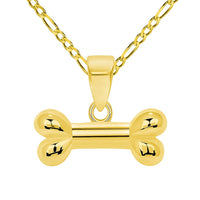 Load image into Gallery viewer, 14k Yellow Gold Horizontal Mini Dog Bone Charm Pendant with Rolo Cable, Curb, or Figaro Chain Necklaces

