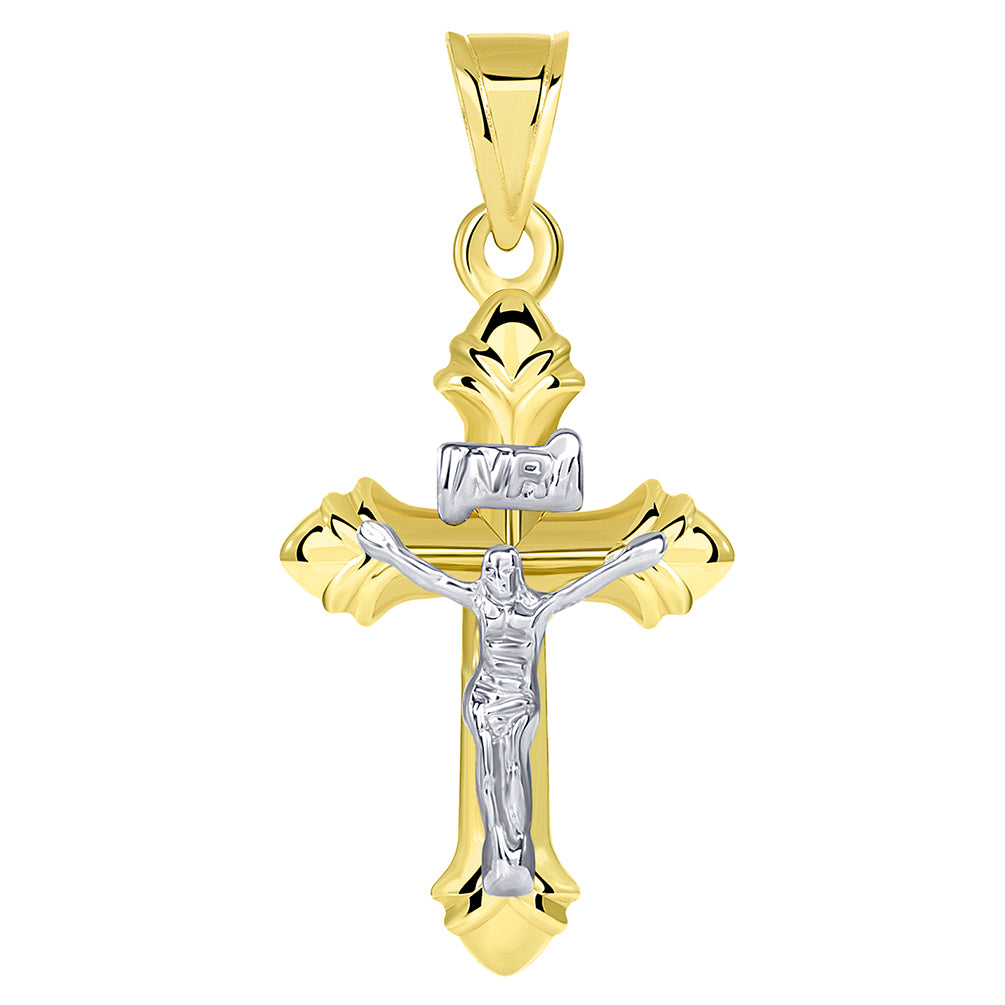 14k Yellow Gold INRI Fleur-de-Lis Two Tone Crucifix Cross Pendant (34.5mm x 16.7mm)