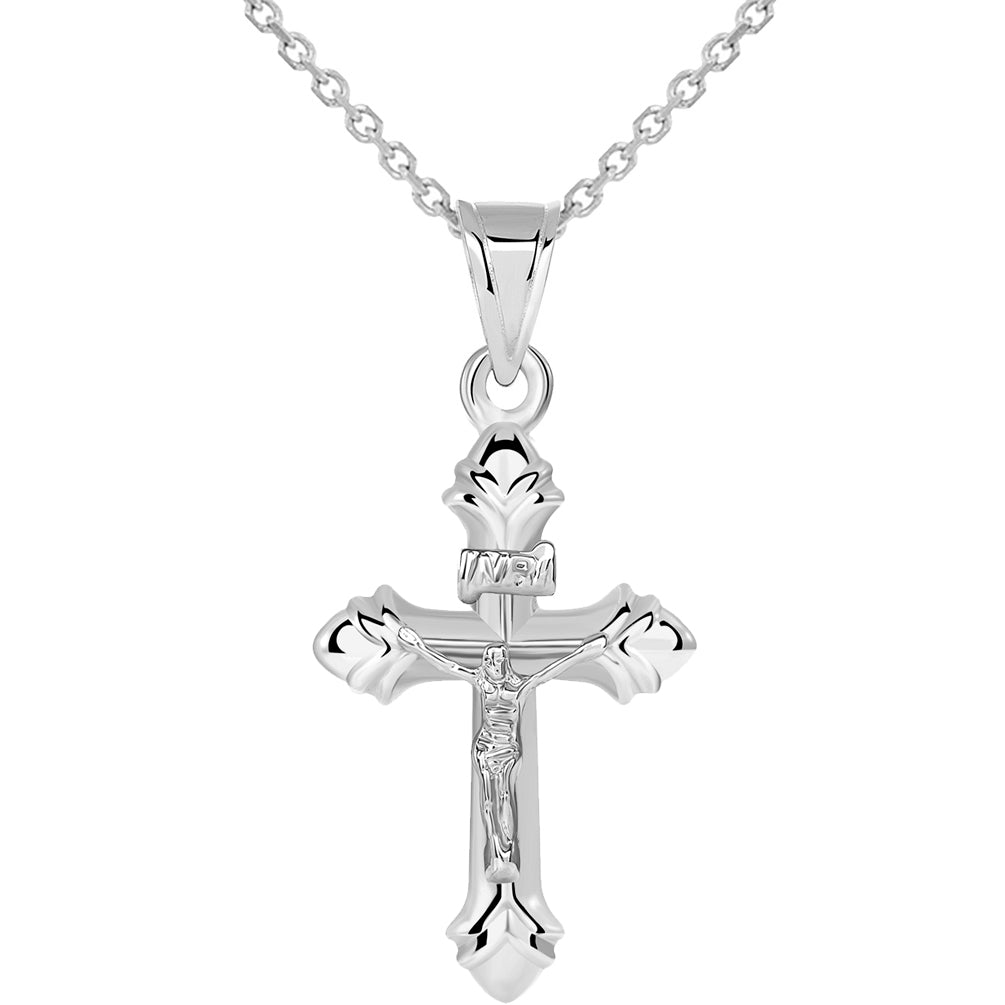 14k White Gold Small INRI Fleur-de-Lis Crucifix Cross Pendant Necklace