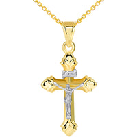 Load image into Gallery viewer, 14k Yellow Gold INRI Fleur-de-Lis Two Tone Crucifix Cross Pendant Necklace
