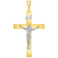 Load image into Gallery viewer, 14k Two-Tone Gold 4mm Thick INRI Tubular Cross Roman Catholic Crucifix Pendant With Cable, Curb or Figaro Chain Necklace
