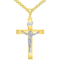 Load image into Gallery viewer, 14k Two-Tone Gold 4mm Thick INRI Tubular Cross Roman Catholic Crucifix Pendant with Cuban Chain Curb Necklace
