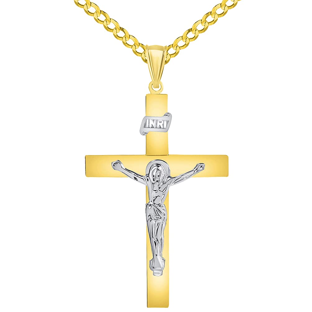 14k Two-Tone Gold 4mm Thick INRI Tubular Cross Roman Catholic Crucifix Pendant with Cuban Chain Curb Necklace