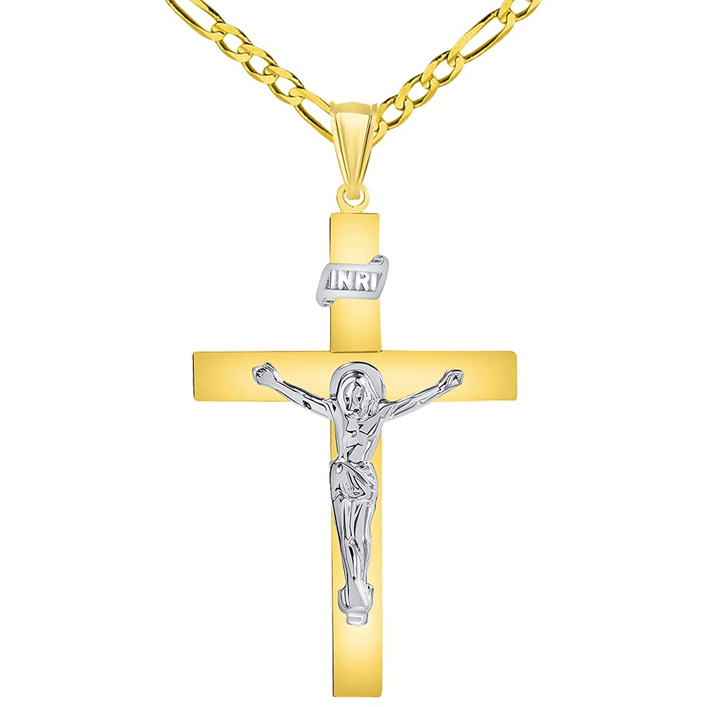 14k Two-Tone Gold 4mm Thick INRI Tubular Cross Roman Catholic Crucifix Pendant with Figaro Chain Necklace