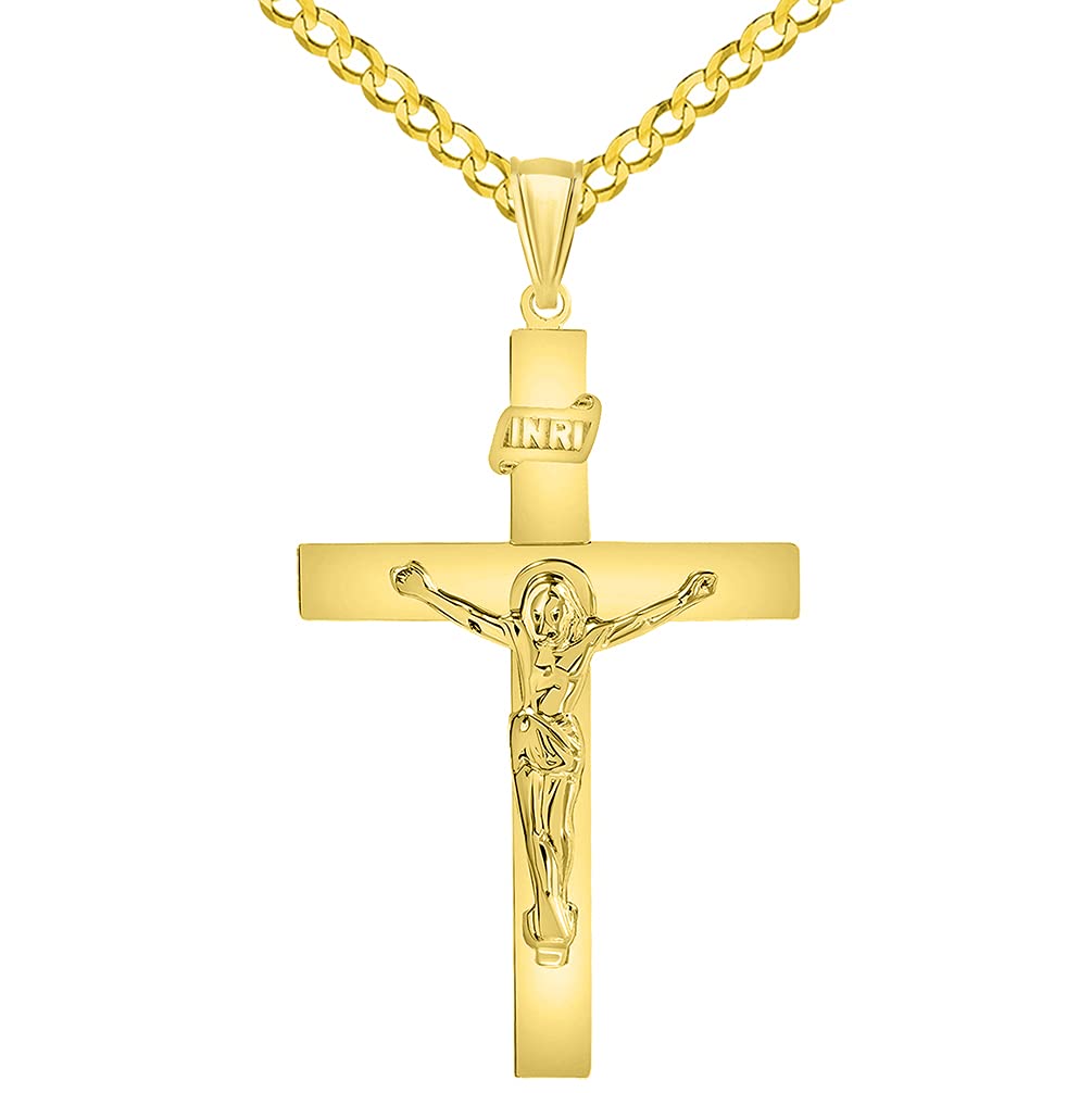 14k Yellow Gold 4mm Thick INRI Tubular Cross Roman Catholic Crucifix Pendant with Cuban Chain Curb Necklace