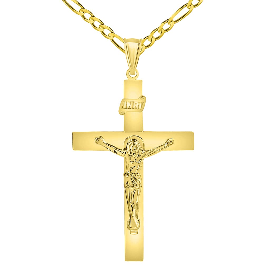 14k Yellow Gold 4mm Thick INRI Tubular Cross Roman Catholic Crucifix Pendant with Figaro Chain Necklace