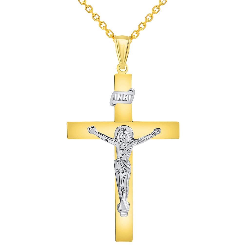 14k Two-Tone Gold 4mm Thick INRI Tubular Cross Roman Catholic Crucifix Pendant With Cable, Curb or Figaro Chain Necklace