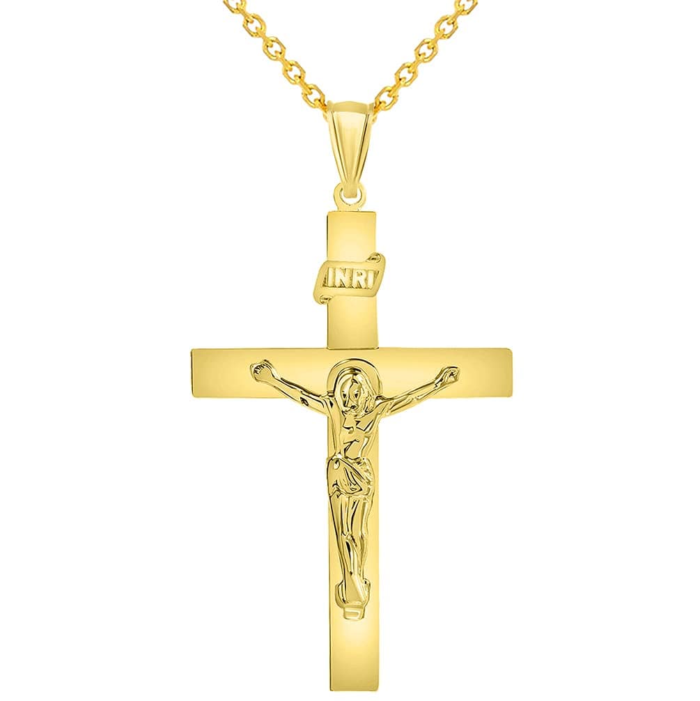 14k Yellow Gold 4mm Thick INRI Tubular Cross Roman Catholic Crucifix Pendant Necklace