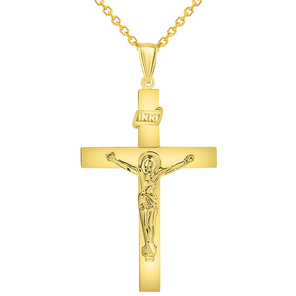 14k Yellow Gold 4mm Thick INRI Tubular Cross Roman Catholic Crucifix Pendant With Cable, Curb or Figaro Chain Necklace