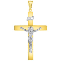 Load image into Gallery viewer, 14k Two-Tone Gold 4mm Thick INRI Tubular Cross Roman Catholic Crucifix Pendant With Cable, Curb or Figaro Chain Necklace
