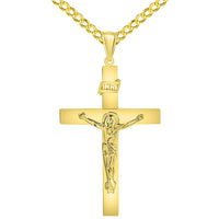 Load image into Gallery viewer, 14k Yellow Gold 4mm Thick INRI Tubular Cross Roman Catholic Crucifix Pendant With Cable, Curb or Figaro Chain Necklace
