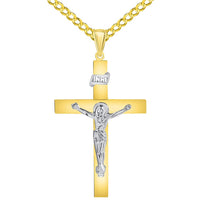 Load image into Gallery viewer, 14k Two-Tone Gold 4mm Thick INRI Tubular Cross Roman Catholic Crucifix Pendant With Cable, Curb or Figaro Chain Necklace
