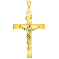 Load image into Gallery viewer, 14k Yellow Gold 4mm Thick INRI Tubular Cross Roman Catholic Crucifix Pendant With Cable, Curb or Figaro Chain Necklace
