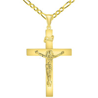Load image into Gallery viewer, 14k Yellow Gold 4mm Thick INRI Tubular Cross Roman Catholic Crucifix Pendant With Cable, Curb or Figaro Chain Necklace
